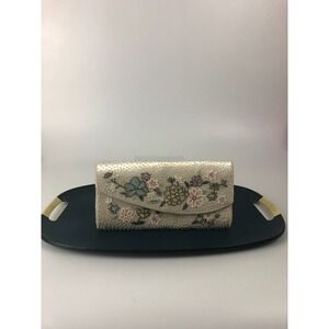 Vintage floral beaded Clutch Purse pastel flowers bridal formal Mid Century